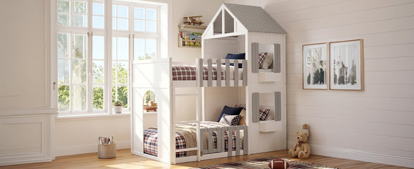 English Elm Twin Over House Bunk Bed Pine Frame Architectural Kids Shared Bedroom Gray LT000928AAE