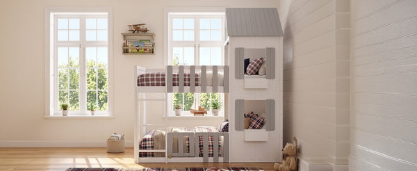 English Elm Twin Over House Bunk Bed Pine Frame Architectural Kids Shared Bedroom Gray LT000928AAE