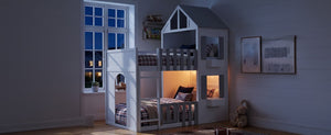 English Elm Twin Over House Bunk Bed Pine Frame Architectural Kids Shared Bedroom Gray LT000928AAE