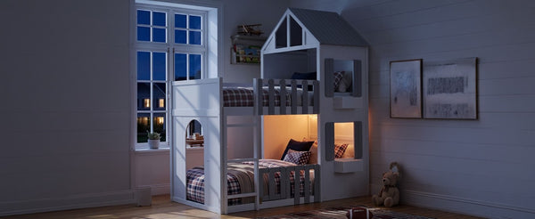English Elm Twin Over House Bunk Bed Pine Frame Architectural Kids Shared Bedroom Gray LT000928AAE