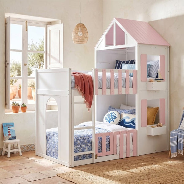 English Elm Twin Over House Bunk Bed Pine Frame Architectural Kids Shared Bedroom Pink LT000928AAH