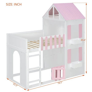 English Elm Twin Over House Bunk Bed Pine Frame Architectural Kids Shared Bedroom Pink LT000928AAH