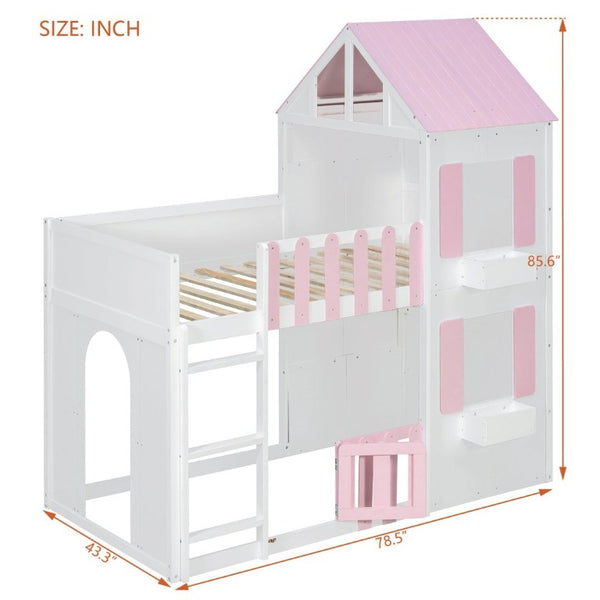 English Elm Twin Over House Bunk Bed Pine Frame Architectural Kids Shared Bedroom Pink LT000928AAH