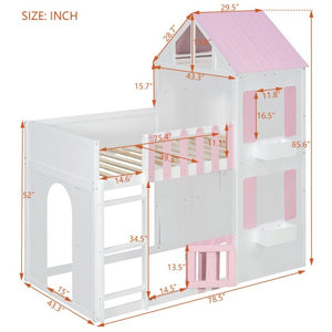 English Elm Twin Over House Bunk Bed Pine Frame Architectural Kids Shared Bedroom Pink LT000928AAH