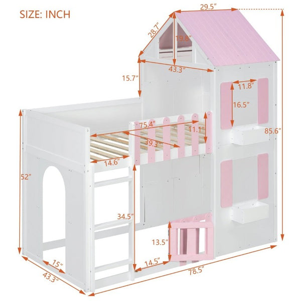 English Elm Twin Over House Bunk Bed Pine Frame Architectural Kids Shared Bedroom Pink LT000928AAH