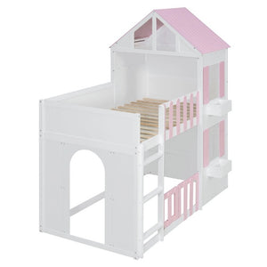 English Elm Twin Over House Bunk Bed Pine Frame Architectural Kids Shared Bedroom Pink LT000928AAH