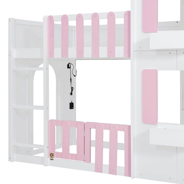 English Elm Twin Over House Bunk Bed Pine Frame Architectural Kids Shared Bedroom Pink LT000928AAH