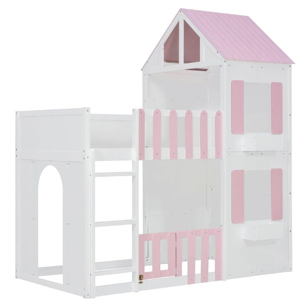 English Elm Twin Over House Bunk Bed Pine Frame Architectural Kids Shared Bedroom Pink LT000928AAH