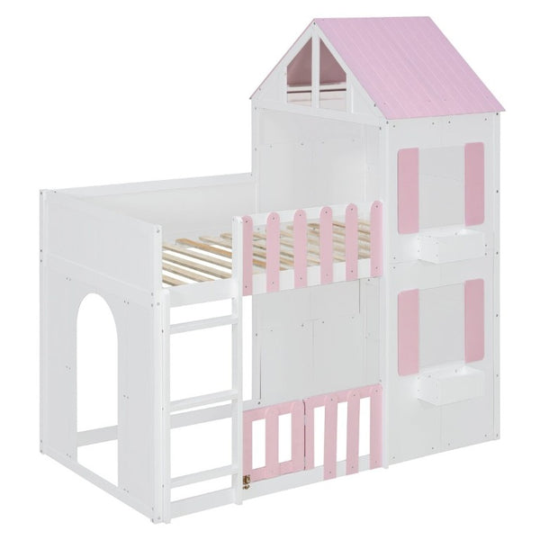 English Elm Twin Over House Bunk Bed Pine Frame Architectural Kids Shared Bedroom Pink LT000928AAH