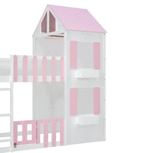 English Elm Twin Over House Bunk Bed Pine Frame Architectural Kids Shared Bedroom Pink LT000928AAH