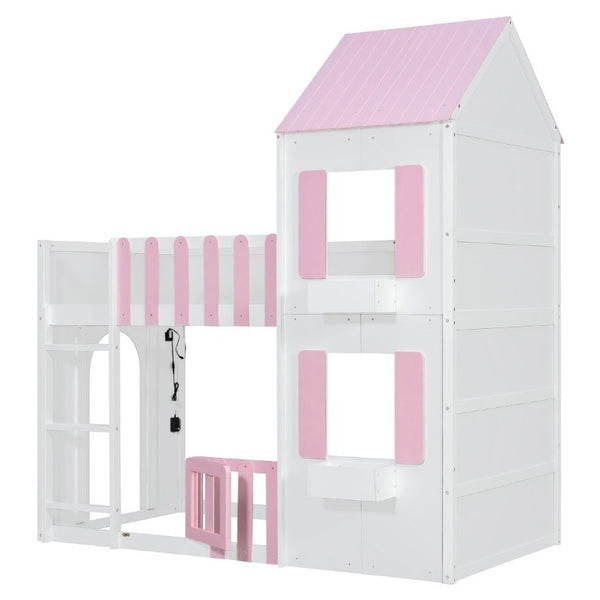 English Elm Twin Over House Bunk Bed Pine Frame Architectural Kids Shared Bedroom Pink LT000928AAH