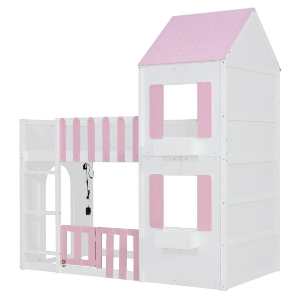 English Elm Twin Over House Bunk Bed Pine Frame Architectural Kids Shared Bedroom Pink LT000928AAH