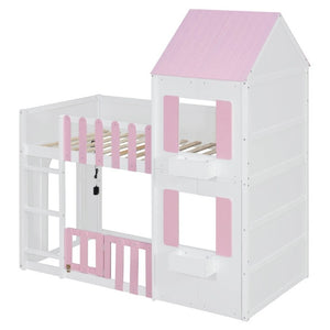 English Elm Twin Over House Bunk Bed Pine Frame Architectural Kids Shared Bedroom Pink LT000928AAH
