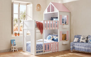 English Elm Twin Over House Bunk Bed Pine Frame Architectural Kids Shared Bedroom Pink LT000928AAH