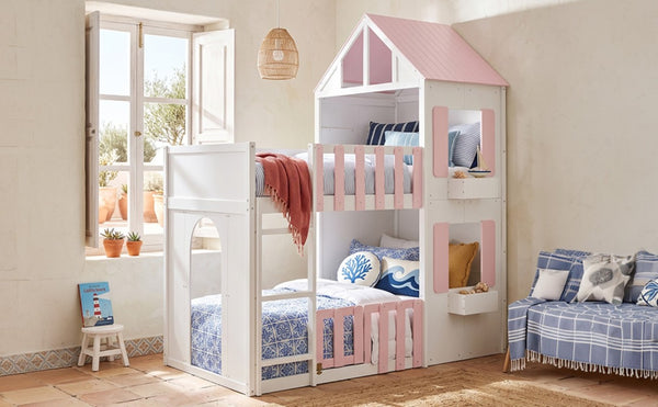 English Elm Twin Over House Bunk Bed Pine Frame Architectural Kids Shared Bedroom Pink LT000928AAH