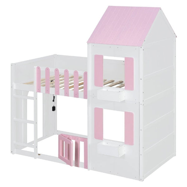 English Elm Twin Over House Bunk Bed Pine Frame Architectural Kids Shared Bedroom Pink LT000928AAH