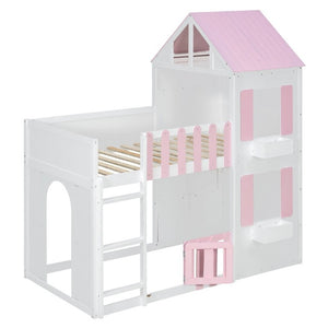 English Elm Twin Over House Bunk Bed Pine Frame Architectural Kids Shared Bedroom Pink LT000928AAH