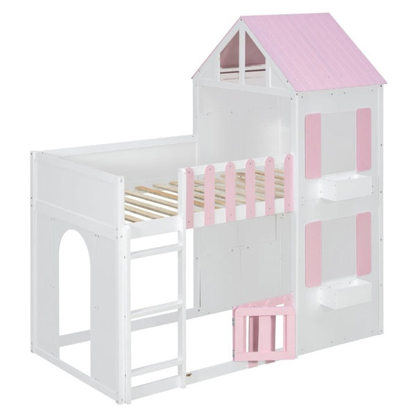 English Elm Twin Over House Bunk Bed Pine Frame Architectural Kids Shared Bedroom Pink LT000928AAH