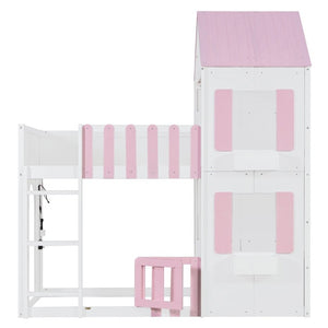 English Elm Twin Over House Bunk Bed Pine Frame Architectural Kids Shared Bedroom Pink LT000928AAH