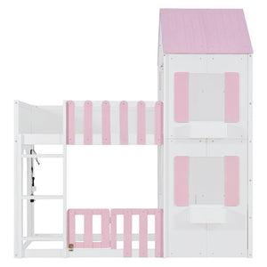 English Elm Twin Over House Bunk Bed Pine Frame Architectural Kids Shared Bedroom Pink LT000928AAH