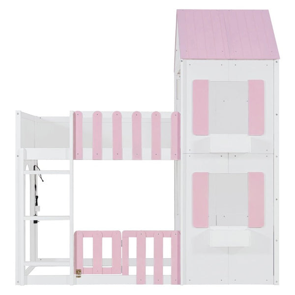 English Elm Twin Over House Bunk Bed Pine Frame Architectural Kids Shared Bedroom Pink LT000928AAH