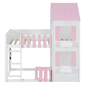 English Elm Twin Over House Bunk Bed Pine Frame Architectural Kids Shared Bedroom Pink LT000928AAH