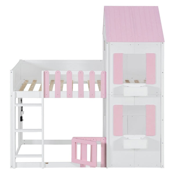 English Elm Twin Over House Bunk Bed Pine Frame Architectural Kids Shared Bedroom Pink LT000928AAH