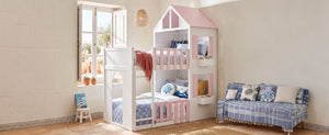 English Elm Twin Over House Bunk Bed Pine Frame Architectural Kids Shared Bedroom Pink LT000928AAH