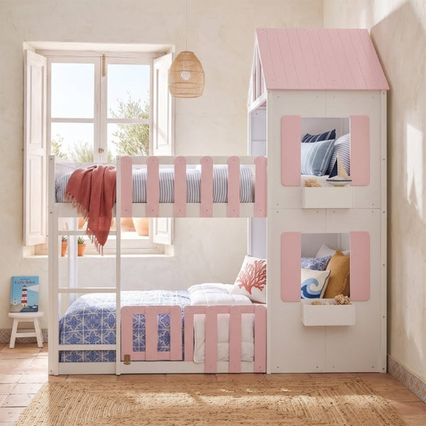 English Elm Twin Over House Bunk Bed Pine Frame Architectural Kids Shared Bedroom Pink LT000928AAH