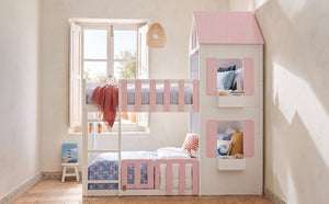 English Elm Twin Over House Bunk Bed Pine Frame Architectural Kids Shared Bedroom Pink LT000928AAH