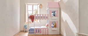 English Elm Twin Over House Bunk Bed Pine Frame Architectural Kids Shared Bedroom Pink LT000928AAH