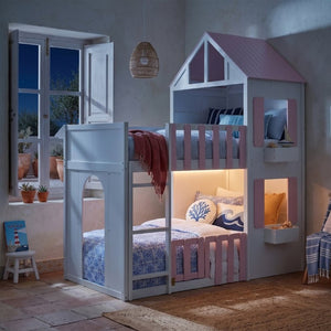 English Elm Twin Over House Bunk Bed Pine Frame Architectural Kids Shared Bedroom Pink LT000928AAH