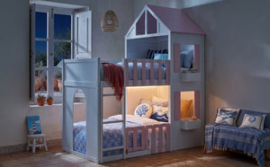 English Elm Twin Over House Bunk Bed Pine Frame Architectural Kids Shared Bedroom Pink LT000928AAH