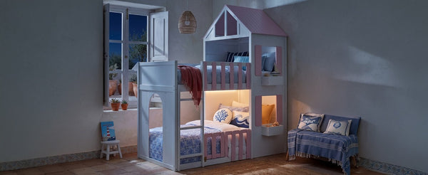English Elm Twin Over House Bunk Bed Pine Frame Architectural Kids Shared Bedroom Pink LT000928AAH