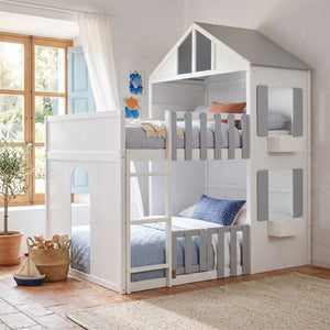 English Elm Full Over House Bunk Bed Pine Wood Frame with Shelf for Shared Kids Bedroom Gray Twin over Twin LT000929AAE