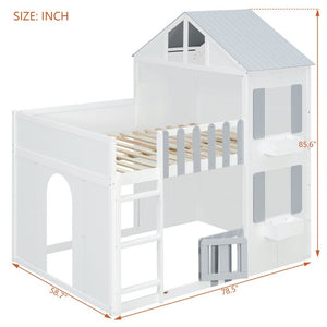 English Elm Full Over House Bunk Bed Pine Wood Frame with Shelf for Shared Kids Bedroom Gray Twin over Twin LT000929AAE