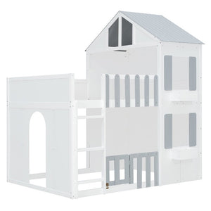 English Elm Full Over House Bunk Bed Pine Wood Frame with Shelf for Shared Kids Bedroom Gray Twin over Twin LT000929AAE