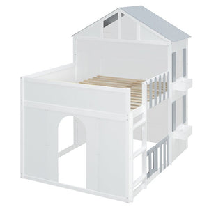 English Elm Full Over House Bunk Bed Pine Wood Frame with Shelf for Shared Kids Bedroom Gray Twin over Twin LT000929AAE