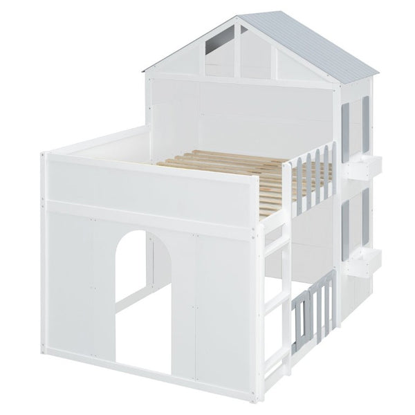 English Elm Full Over House Bunk Bed Pine Wood Frame with Shelf for Shared Kids Bedroom Gray Twin over Twin LT000929AAE