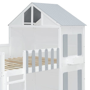 English Elm Full Over House Bunk Bed Pine Wood Frame with Shelf for Shared Kids Bedroom Gray Twin over Twin LT000929AAE