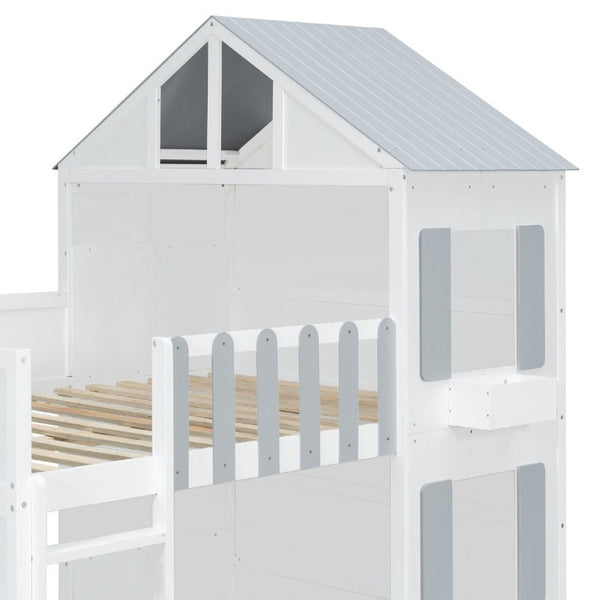 English Elm Full Over House Bunk Bed Pine Wood Frame with Shelf for Shared Kids Bedroom Gray Twin over Twin LT000929AAE