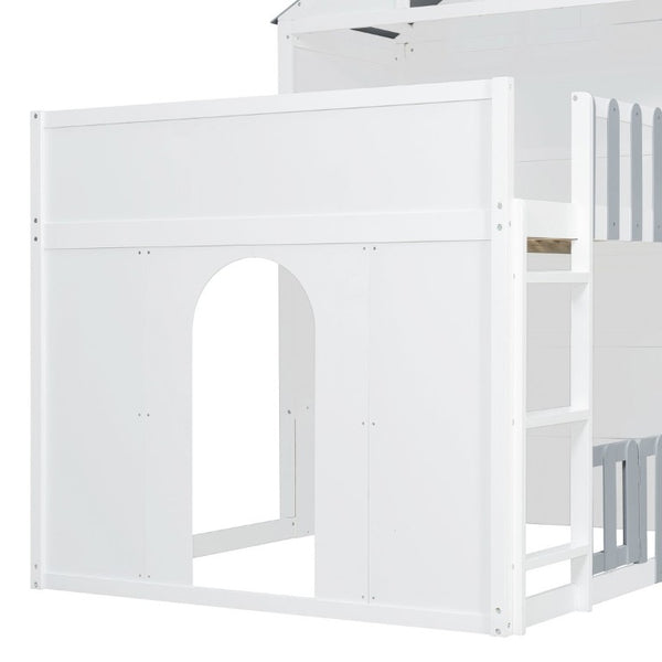 English Elm Full Over House Bunk Bed Pine Wood Frame with Shelf for Shared Kids Bedroom Gray Twin over Twin LT000929AAE