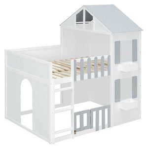 English Elm Full Over House Bunk Bed Pine Wood Frame with Shelf for Shared Kids Bedroom Gray Twin over Twin LT000929AAE