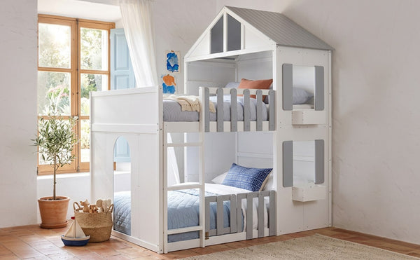 English Elm Full Over House Bunk Bed Pine Wood Frame with Shelf for Shared Kids Bedroom Gray Twin over Twin LT000929AAE