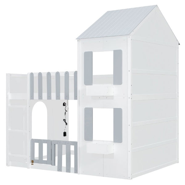 English Elm Full Over House Bunk Bed Pine Wood Frame with Shelf for Shared Kids Bedroom Gray Twin over Twin LT000929AAE