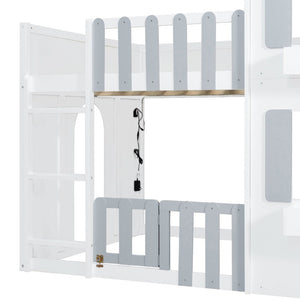 English Elm Full Over House Bunk Bed Pine Wood Frame with Shelf for Shared Kids Bedroom Gray Twin over Twin LT000929AAE