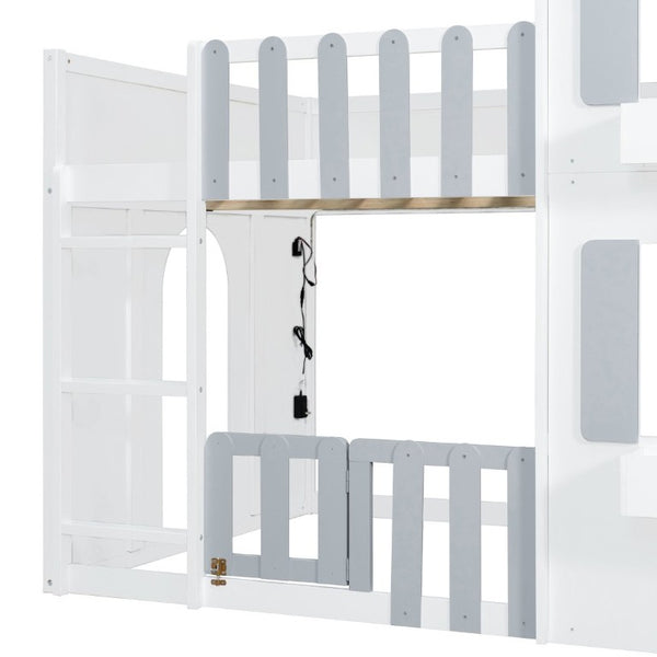 English Elm Full Over House Bunk Bed Pine Wood Frame with Shelf for Shared Kids Bedroom Gray Twin over Twin LT000929AAE