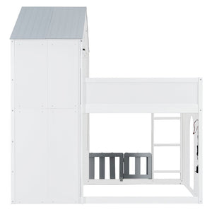 English Elm Full Over House Bunk Bed Pine Wood Frame with Shelf for Shared Kids Bedroom Gray Twin over Twin LT000929AAE