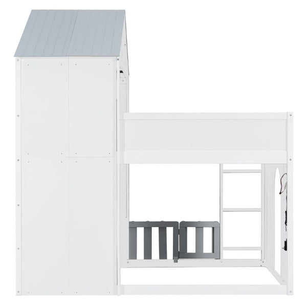 English Elm Full Over House Bunk Bed Pine Wood Frame with Shelf for Shared Kids Bedroom Gray Twin over Twin LT000929AAE
