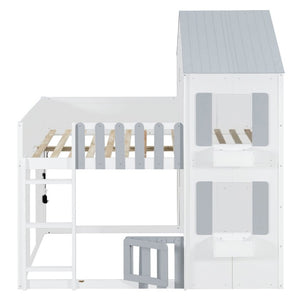 English Elm Full Over House Bunk Bed Pine Wood Frame with Shelf for Shared Kids Bedroom Gray Twin over Twin LT000929AAE